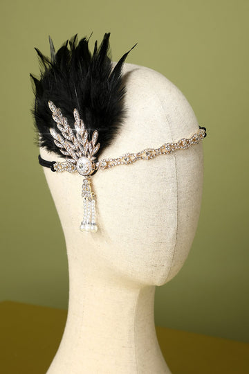 Black Beaded Feather 1920s Flapper Headband